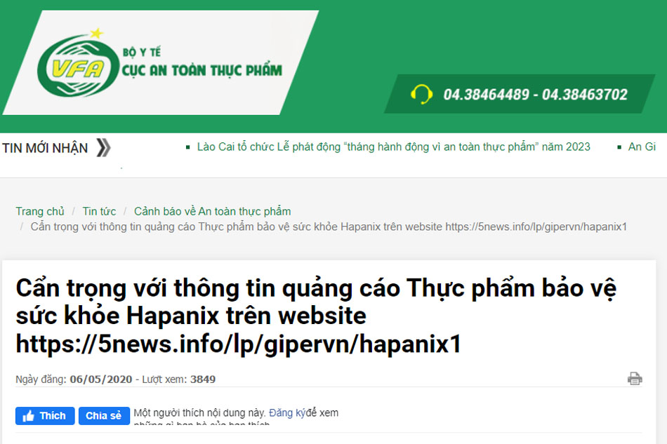 Cảnh báo sai phạm về quảng cáo của sản phẩm Hapanix