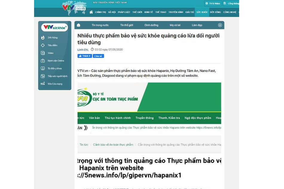 VTV đưa tin về quảng cáo Hapanix lừa dối người tiêu dùng