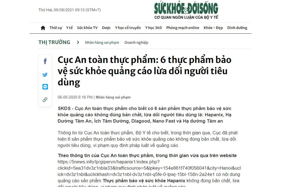 Báo sức khỏe đời sống đưa tin về quảng cáo Hapanix lừa dối người tiêu dùng