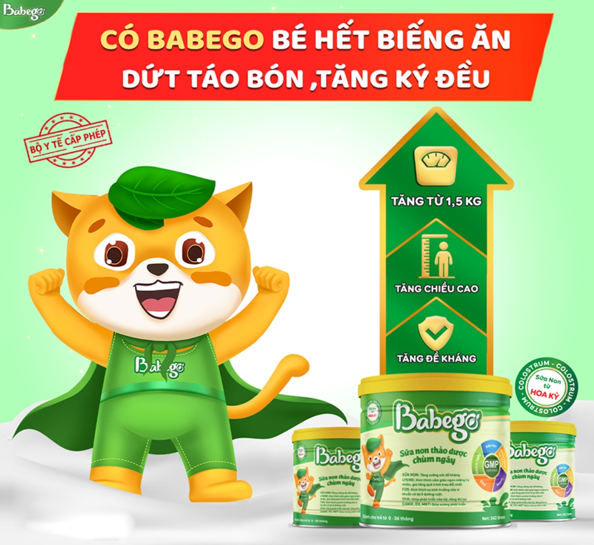 Có Sữa non thảo dược chùm ngây Babego - bé hết biếng ăn, táo bón, tăng cân đều